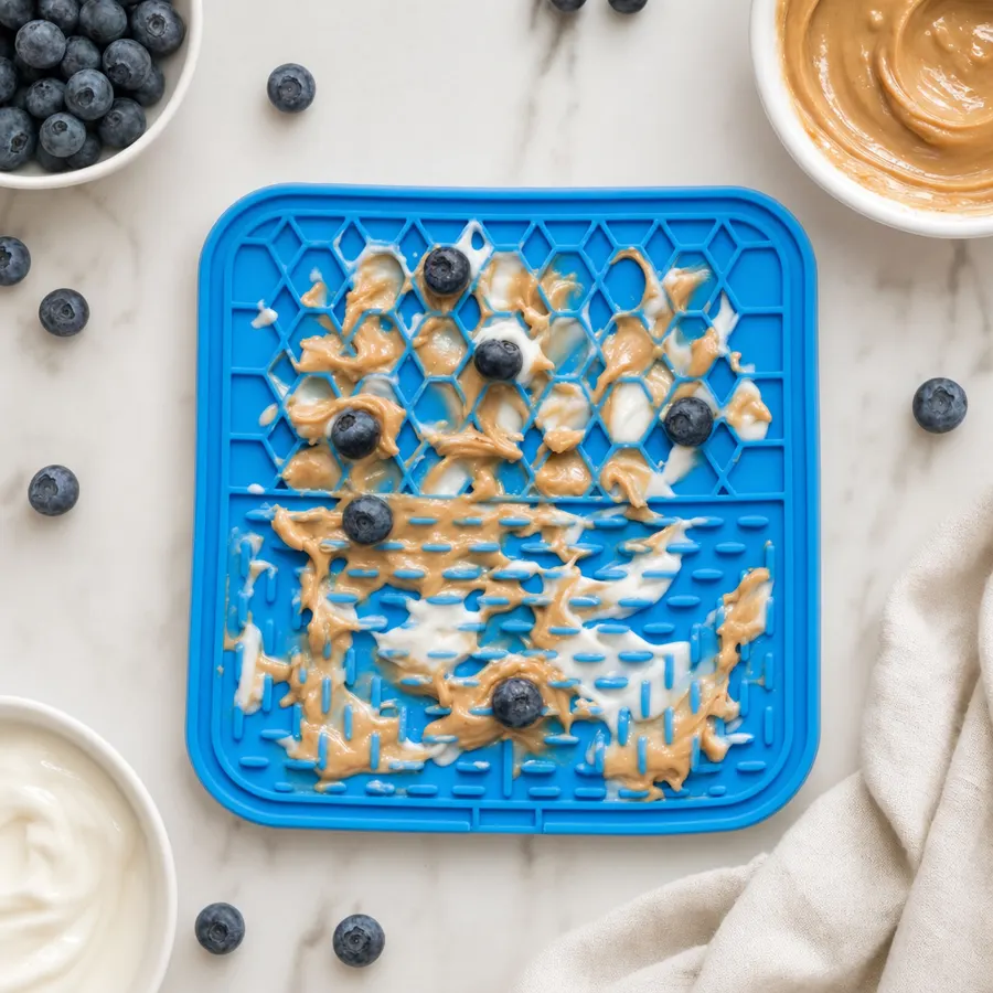 A spread of LickJoy mats and toppings laid out on a counter