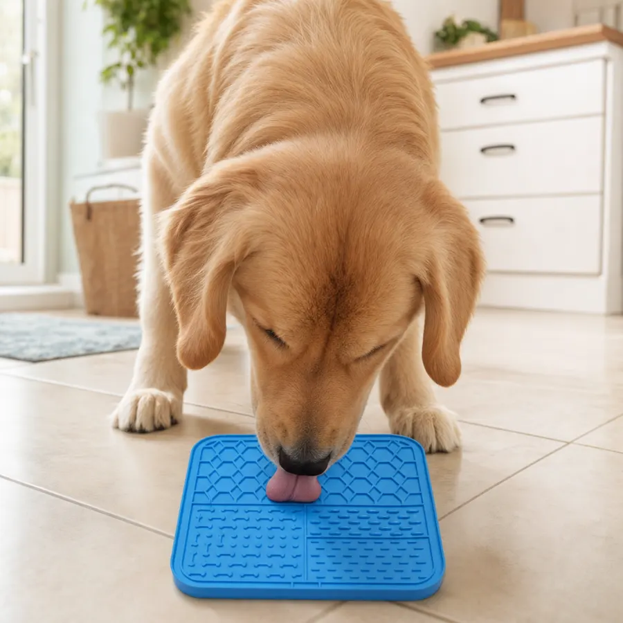 Dog lying calmly beside a LickJoy lick mat spread with yogurt in a bright living room